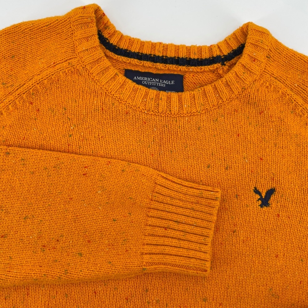 American Eagle Men's Large Orange Knit Sweater Elbow Patches Crewneck Raglan